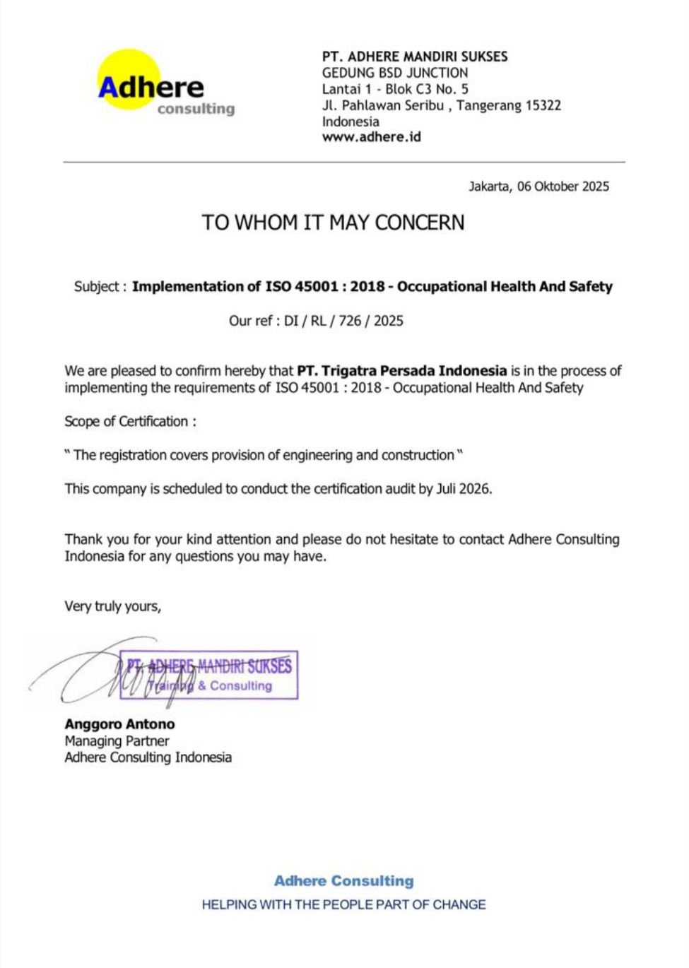 ISO certification document of PT Trigatra Persada Indonesia